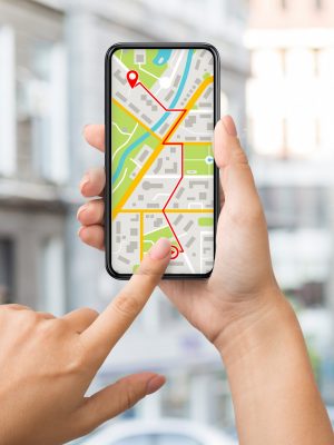 Navigation App With Street Map Opened On Smartphone In Female Hands, Unrecognizable Woman Using Modern Mobile Application For Route Planning And Location Tracking, Creative Collage, Closeup